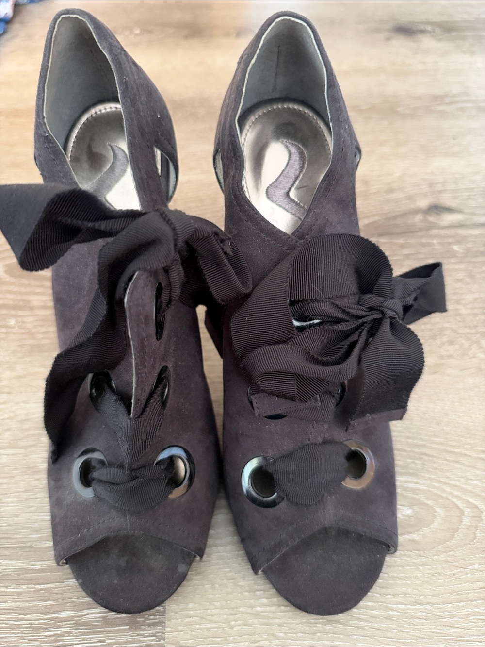 Black Suede Peep-Toe Lace-Up Heels with Ribbon Bow